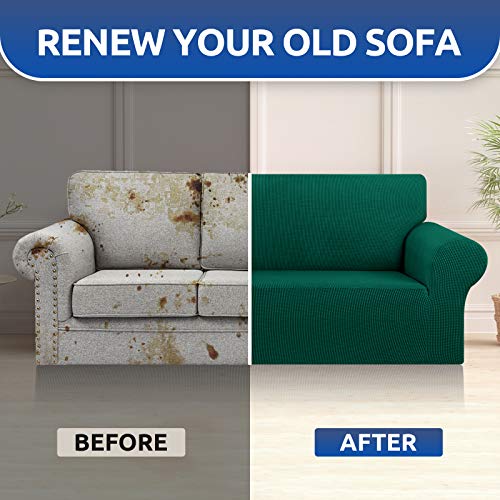 KEKUOU Stretch Oversized Sofa Slipcover 1 Piece Couch Sofa Cover (94"-110") Furniture Protector 4 Seater Sofa with Elastic Bottom for Kids,Pet.Jacquard Checked Pattern Fabric(X Large,Hunter)