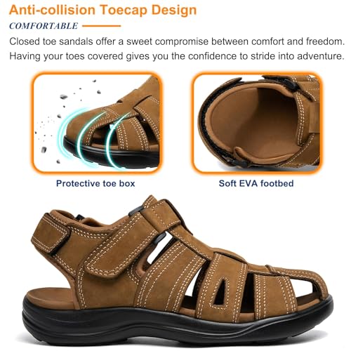 Image of Men's Sport Sandals Closed Toe Leather Hiking Athletic Walking Outdoor Beach Trail River Fishing Water Shoes Lightweight Comfortable Waterproof