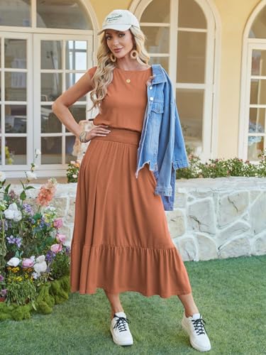 Image of Kikibell Womens Summer Dresses Cap Sleeve Elastic Waist Midi Dress with Pocket Long Causal Sundress Beach Vacation Outfits