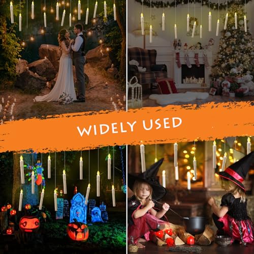 Lot de 12 bougies flottantes avec télécommande - Fonctionne à piles - Lumière chaude sans flamme - Bougies coniques à LED vacillantes - Décoration magique à suspendre pour Halloween, fête de Noël – Image 7