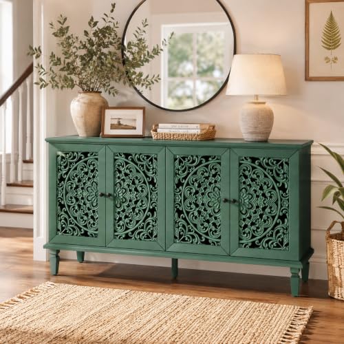 Image of Green Sideboard Cabinet with Carved Doors, Green Buffet Cabinet, Vintage Cabinet with Storage Shelves, Farmhouse Storage Cabinet for Dining Room, Living Room & Entryway