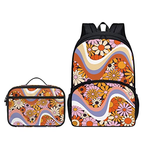 2 Pcs Hippie Flower Backpack With Lunch Bag,Rainbow Hippie Groovy Flower Lunch Bag for Women,Girls Back to School Supplies,7-8 Kids School Bag Casual Daypack