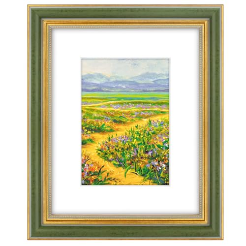 Golden State Art 8x10 Ornate Picture Frame for 5x7 Photo with Mat or 8 x 10 Prints without Mat Real Glass Wall & Tabletop Display(Color:Green Gold)