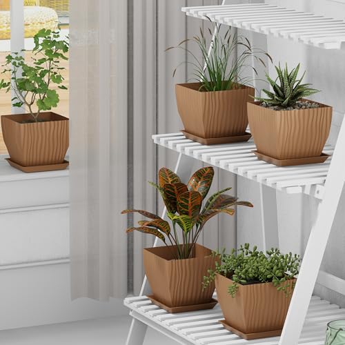 Image of ELUVIA 7-inch Square Planters with Saucers (Set of 5) - Modern Fluted Flower Pots with Drainage Holes and Trays - Premium Plastic Indoor Outdoor Plant Pots for Succulents, Flowers (Wooden)