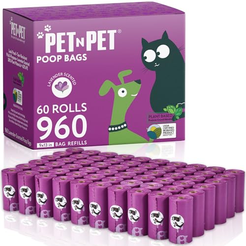 PET N PET Dog Poop Bags Scented, Value Pack 960 Count, Dog Bags Refill Rolls for Doggy Poo, Cat Litter Waste, Thick and Leak-Proof Sac CaCa Chien 41% Plant Based USDA Certified (Lavender) by PET N PET - Used condition - CA$36.85