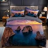 Bettwäsche 135x200 Küste Bettbezug 135 x 200 Sonnenuntergang Meerblick Bettwäsche-Sets mit Reißverschluss 3D Weiche Mikrofaser Kinderbettwäsche mit 2 Kissenbezüge 80x80 cm C-1171