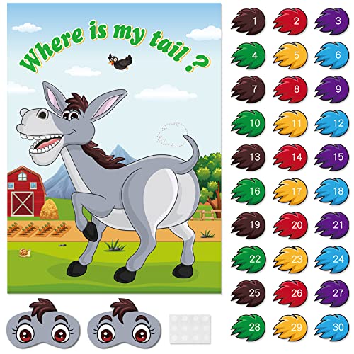 ASTARON Pin The Tail on The Donkey Game with 30 Tail Stickers for Birthday Party Carnival Circus Supplies