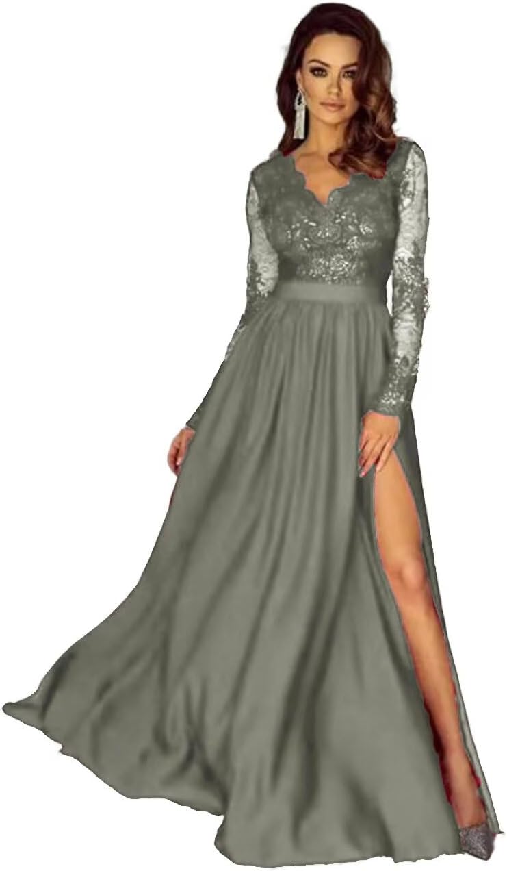 Dream Wedding Lace Appliques Satin Prom Dresses for Women Long Sleeve A-Line Formal Evening Gowns with High Slit DR0130