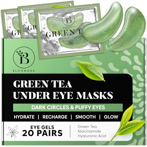 BLOOMORA Green Tea Under Eye Gel Patches (20 Pairs) - - Masks for Puffiness & Dark Circles - Collagen Eye Patches