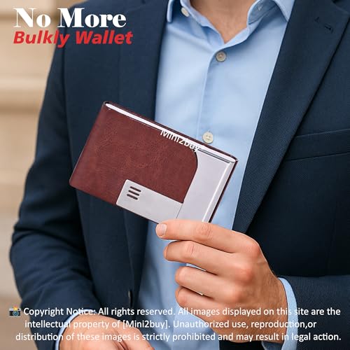 Image of Luxurious Unisex Pocket Card Holder Brown PU Leather Stainless Steel 15-20 Business Card and 5-8 Debit Credit Card Ultrathin RFID Blocking Corporate Gift for Employee 9.5 x 6.5 x 1.2 cm
