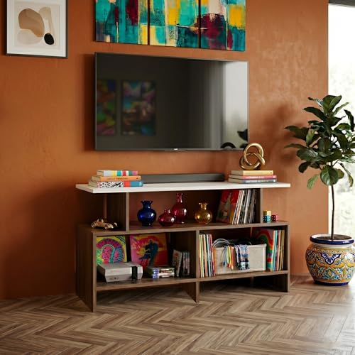 Image of Alpine Willow TV Stand Wooden (DIY Assembly) | TV Stand Table for 32-50 Inch TVs | TV Unit for Living Room | TV Entertainment Unit | TV Cabinet with Storage -110x30x57 cm (Walnut)