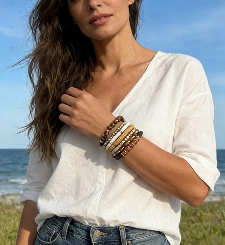 iF YOU 13pcs Heishi Clay Beaded Stretch Bracelets for Women, Boho Gold Surfer Stackable Bracelet Stacks White Brown Black Beach Jewelry (White & Brown Clay Bracelets) - Image 4