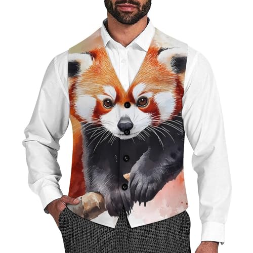 Cute Red Panda Watercolor Trendy Vest Suit for Men V Neck Formal Dress Waistcoat Vests Business Slim Fit