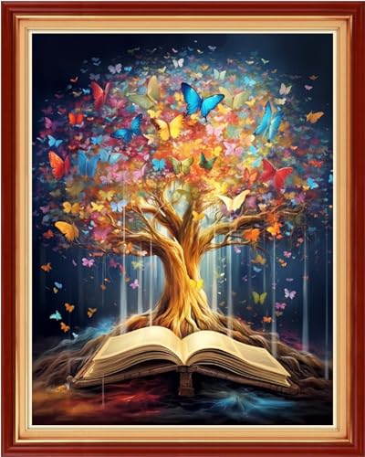 Image of Dimensean Stamped Cross Stitch Kits Full Range of Embroidery Patterns Starter Kits for Beginners Adult DIY Cross Stitches Needlepoint Kits 11CT-Book Colorful Tree 16x20 inch