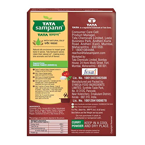 Image of Tata Sampann Paneer Masala Powder with Natural Oils, 100g, Crafted by Chef Sanjeev Kapoor, With Chef's Exclusive Tip, Rich Aroma & Flavour (Pack of 2)