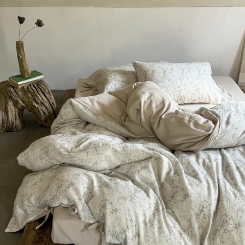 Image of VM VOUGEMARKET Double Gauze Crinkled Cotton Duvet Cover Set Queen,Rustic Beige Ink Bamboo Botanical Print Duvet Cover with Romantic Bow Ties