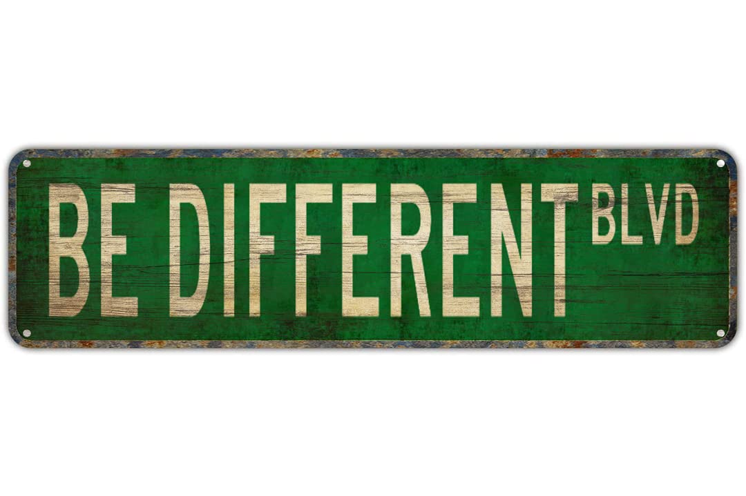 peiyeety Vintage Metal Tin Sign Decorative Wall Art Be Different Blvd Themed Street Sign, Rustic Style, Durable Waterproof Rustproof, For Home, Motivational Decor, Home, Easy To Mount, 4x16 Inch