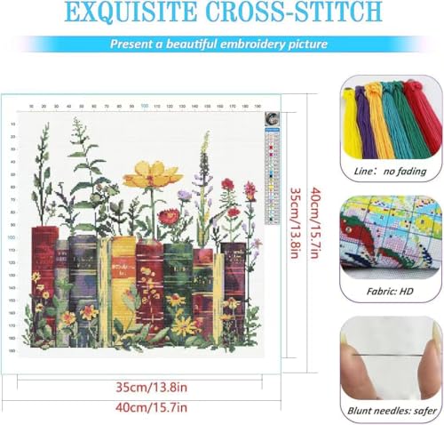 Image of KYOQFVN Stamped Cross Stitch Kits - Flower Embroidery Starter Kit for Adult Beginners, 11CT Needlepoint Cross-Stitch Patterns Dimensions Kit Arts and Crafts 14x14inch