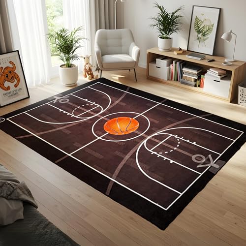 Aurox Studio Basketball Rug - Sports Rugs for Boys Bedroom, 4,5' x 6,5' Area Rug with TPR Backing, Indoor Basketball Carpet for Kids Room, Non-Slip Court Design, Great Boys Room or Game Room Decor
