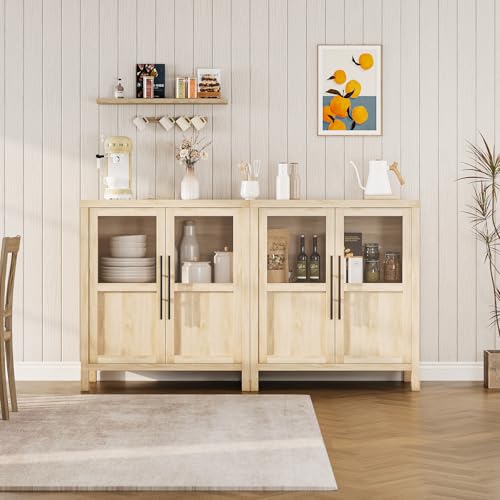 GarveeHome Sideboard Buffet Cabinet with 2 Glass Doors, 29" Buffet Table Coffee Bar Wine Bar Display Cabinet for Kitchen Dining Room, Living Room (Natrual, Glass with 2 Doors)