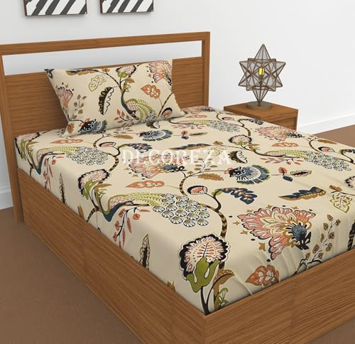 Image of DECOREZA 320 TC Cotton Feel All Around Premium Elastic Fitted Bedsheet Single Size, Bedsheet for Single Bed with 1 Pillow Covers, Size - 36 x 78 (Anokhi Beige)