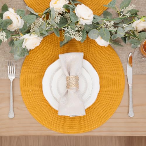 Image of SHACOS 15 inch Round Braided Placemats Set of 6 Non Slip Washable Kitchen Table Place Mats Cotton Polyester Heat Resistant Table Mats for Home Wedding Dinner Party Table Decor, Mustard Yellow