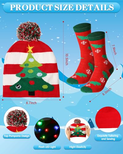 Liitrsh 3 Pack Christmas Tree Light up Ugly Sweaters for Women 2024 Knitted Xmas Tree Reindeer Hat Socks for Adults Holiday3
