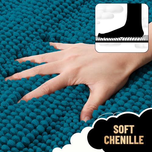 Image of OLANLY Thick Bathroom Runner Rugs 47x17, Extra Absorbent Chenille Striped Bath Rugs, Rubber Backing, Machine Wash Dry, Long Bath Mats for Bathroom, Tub and Shower, Home Decor Accessories, Peacock Blue