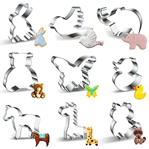 Powmag Cortadores Galletas, Juego de 9 cortadores de galletas animales, DIY Moldes Galletas Infantiles, Moldes de Galletas Cortador Acero inoxidable para Pastel, Cookie, Fondant