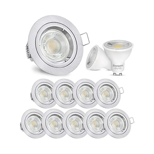 linovum® 10er Set Einbaustrahler LED GU10 230V - runde Einbauspots Edelstahl gebürstet Optik inkl. LED GU-10 neutralweiß…
