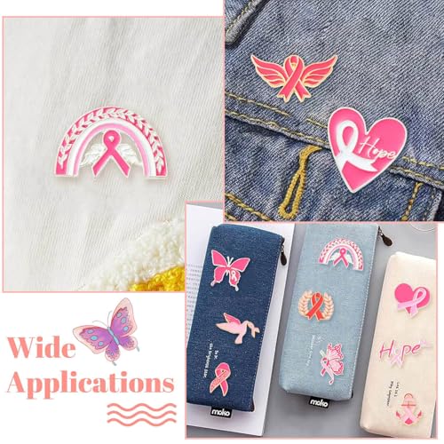 Image of Airssory 12 pcs 12 Styles Pink Awareness Ribbon Theme Alloy Enamel Brooches Breast Cancer Heart Hope Butterfly Lapel Pins for DIY Clothes Backpack Badge Jackets Craft Embellishment