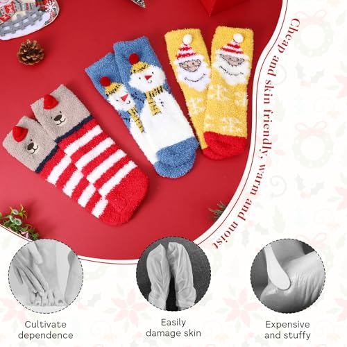 Image of Abeillo 3 Pairs Christmas Fluffy Socks for Women Girls - Soft Cozy Slipper Socks, Winter Warm Home Sleeping Socks, Mid-Calf Coral Fleece, Don't Shed Lint, Size 4-9
