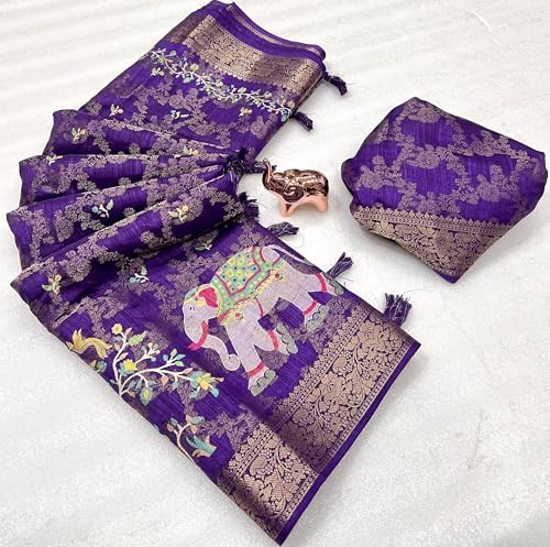 Image of Kalamkari Floral Prints Dola Silk Saree With Rich Zari Border Designer Pallu Attach Blouse Piece