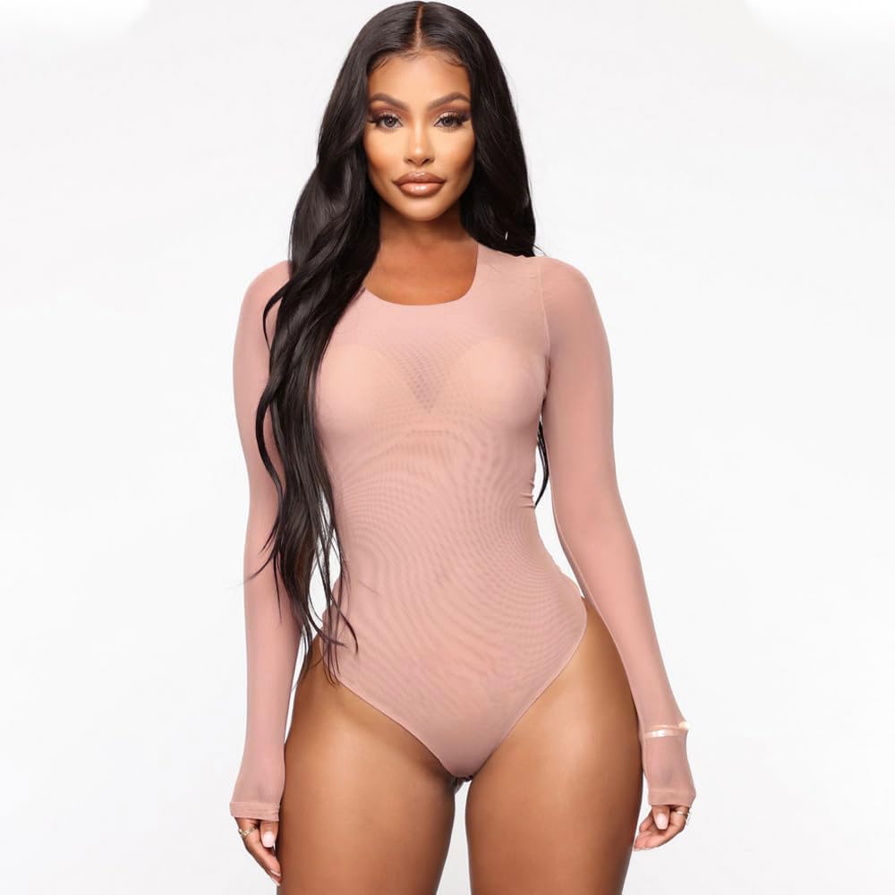 Body Femme Manches Longues String Bodysuit Haute Élasticité Maille Transparente Bodysuit Sexy Col Rond Top Chic Jumpsuit Club Party Bodycon