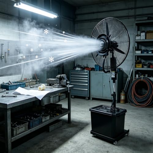 Lsoiup Ventilador Nebulizador de Pie Gran Capacidad 42L – 3 Velocidades, Swing 90°, Altura Regulable para Entornos Comerciales e Industriales(⌀81cm)