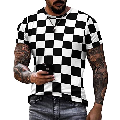Men's Cotton T-Shirt -Black White Race Checkered Flag Pattern, Casual Graphic Crew Neck Short Sleeve Tees Tops
