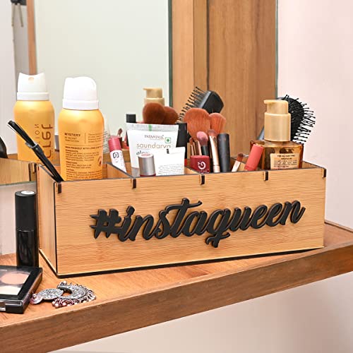 Image of GKD Makeup Box Desk Organizer for Girls makeup storage box & unique gifts for girls 4 compartment cosmetic organizer (Brush Nail polish Lipsticks)(Eco Friendly Plastic Free) (Insta Queen (Bamboo))