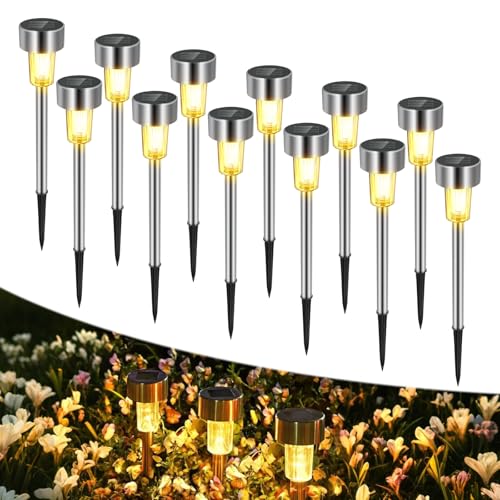 12 Pezzi Luci Solari per Esterni Giardino, Lampada Solare Giardino Esterno a Terra, In Acciaio Inox IP44 Impermeabile, LED Luci Solari per Vialetto, Patio, Prato, Cortili e Sentieri(Luce Bianca Calda)