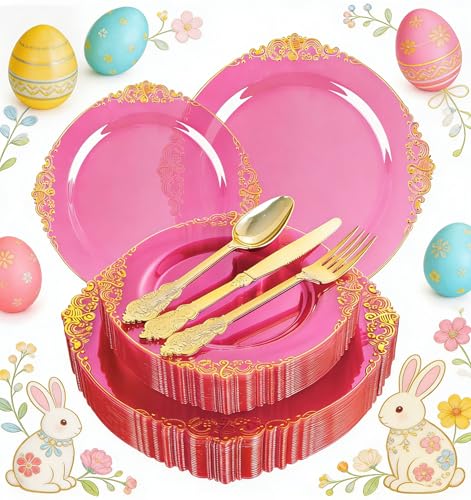 Joyido 125PCS Hot Pink Plastic Plates - Clear Pink Gold