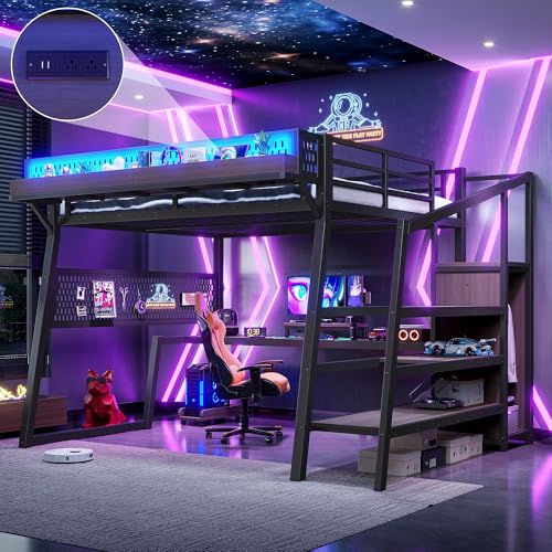 Image of Bellemave Queen Size Gaming Loft Bed with Desk and Wardrobe Storage Stairs,Shelves, LED USB, Loft Bed Queen Size for Teens Metal, Black