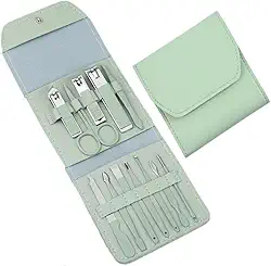 Kit Manicure Pedicure Profissiona Em Aço Inoxidável Com Bolsa Dobrável Verde - 12 Peças