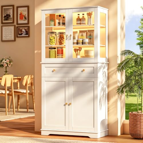 Wumagin Mueble Cocina Iluminación LED RGB 7 Colores Dinámicos Control Remoto, Aparador Alto Estantes Ajustables Tiradores Metal, Vitrina 6 Niveles Almacenamiento, Salón Comedor, 40x80x180cm, Blanco