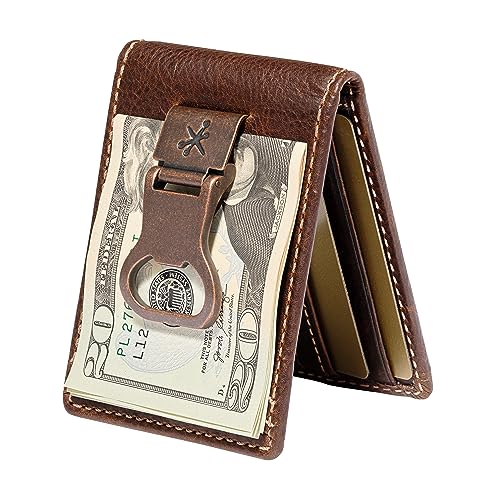 House of Jack Co. Bottle Opener Bifold Money Clip Wallet for Men, Front Pocket Card Holder with Exterior ID Window, Full Grain Cowhide Leather, Brown