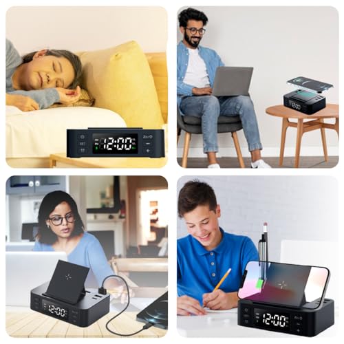 Image of REMAXX Digital Alarm Clock with 15w Wireless Charger and Pen Holder | 2 USB & 1 Type C Output, Mobile Stand, Dual Alarms, 12 /24H Time Mode, Brightness Control