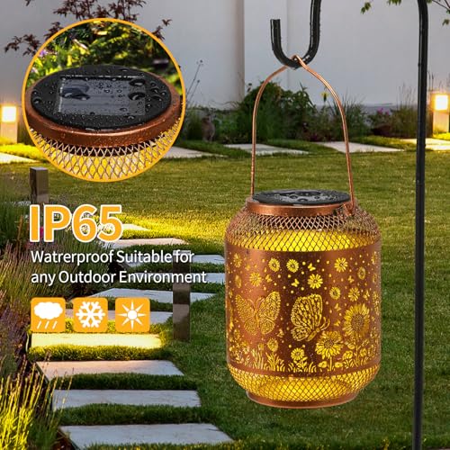 Image of 2 Pack Solar Lanterns Outdoor Waterproof Butterfly Garden Decor Birthday Gifts for Women Mom Grandma Hanging Solar Lights Metal Decoration Outside for Yard, Patio, Backyard, Porch, Pathway