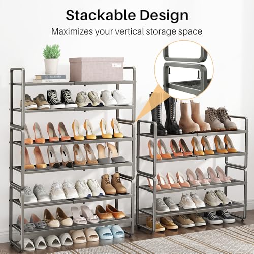 Image of SNTD Shoe Rack - Expandable Shoe Organizer for Closet, Adjustable Metal Shoe Shelf Storage, Stackable Long Shoe Stand Holder for Garage, Entryway, Door Entrance (Grey, 4-Tier)
