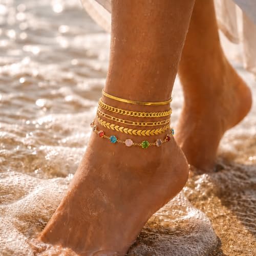 Image of iF YOU Gold Ankle Bracelets for Women, 14k Gold Plated Waterproof Cuban Link Chain Anklets Set, Layered Anklet Bracelets for Women Beach Gift Adjustable Size 5pcs