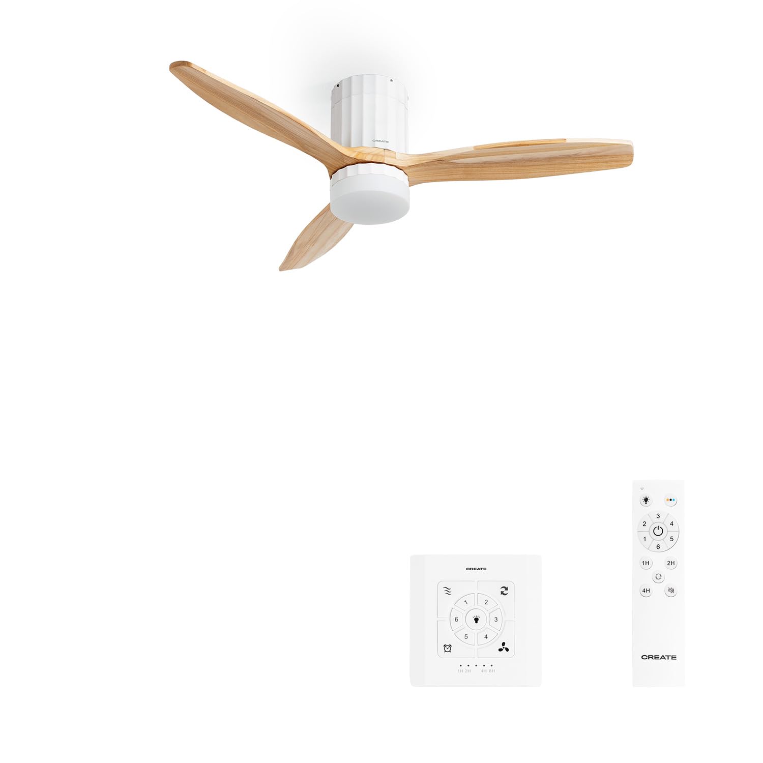 CREATE / WINDCALM LINE/Ventilador de techo con luz blanco madera natural y líneas verticales con controlador y mando / 40W, Ø132 cm, 3 temperaturas de luz, temporizador, función verano-invierno