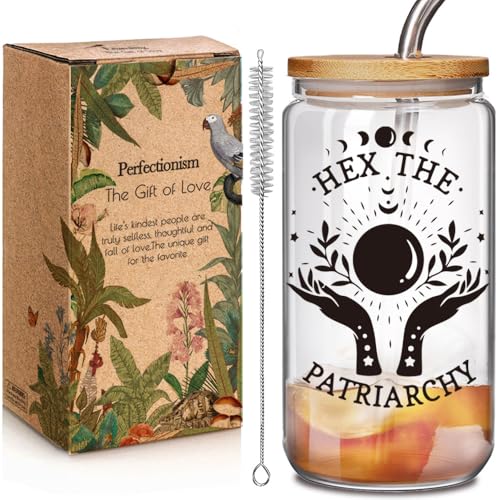 Enanaimg Hex the Patriarchy 16 oz Glass Cup with Lids and Straws, Witchy Feminist Gifts for Friend Bestie Employee Coworker, Halloween Feminist Glass Cup for Birthday Christmas, Power Mug