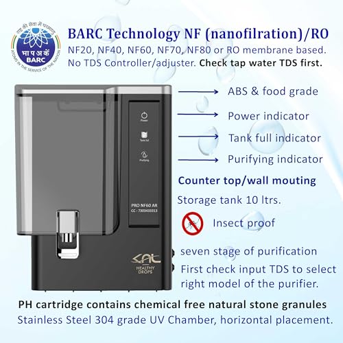 Image of KNL PRO NF60 AR Black NF (Nano Filtration) water purifier with SS 304 UV, with Alkaline regulator, for input TDS range (350-550)ppm, Reduces TDS (60-70)%, no TDS controller, tank 10 liters + TDS meter